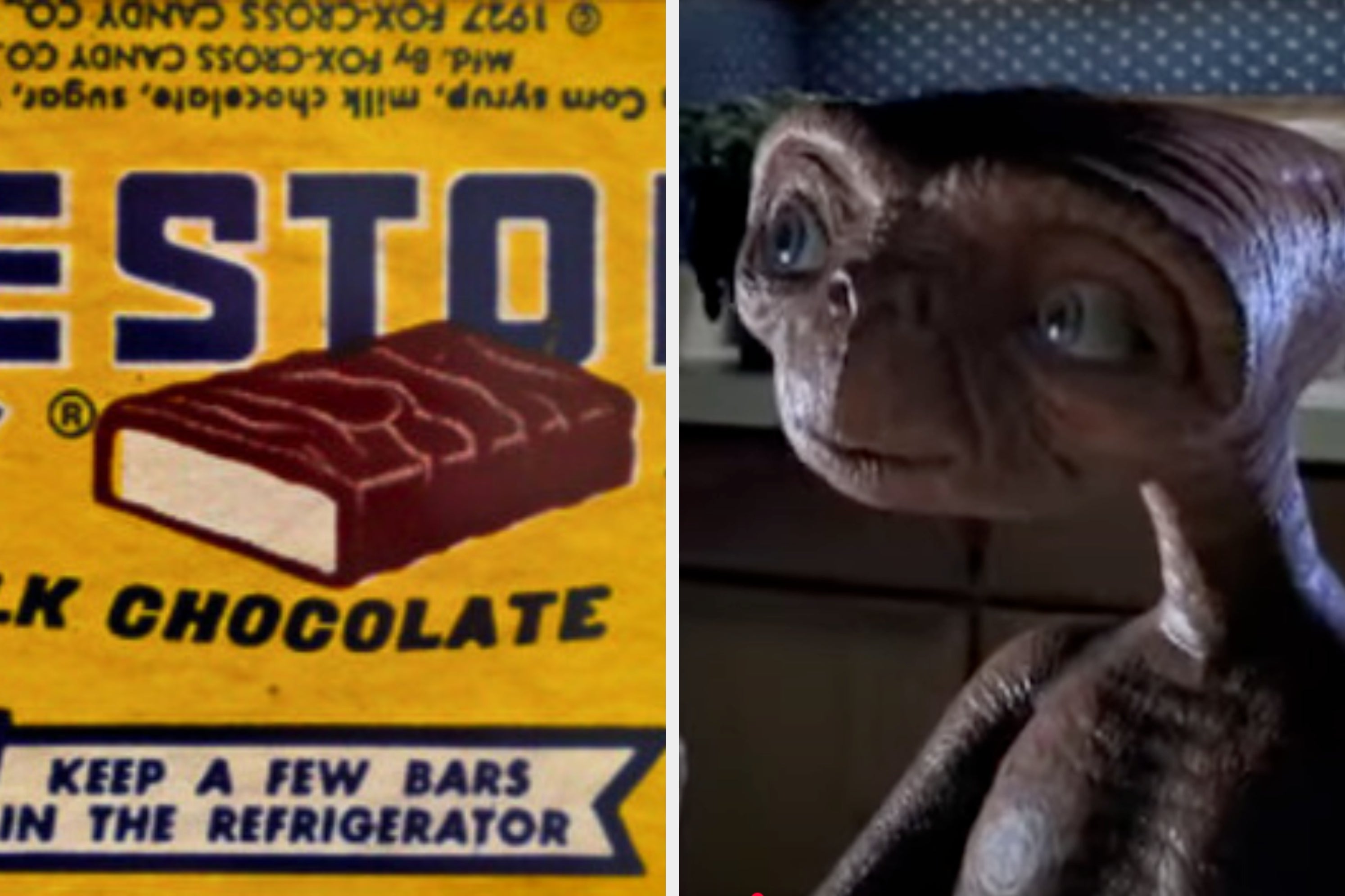 A vintage woman in a hat, a candy ad with "Baby" text, and a scene with a fictional extraterrestrial creature