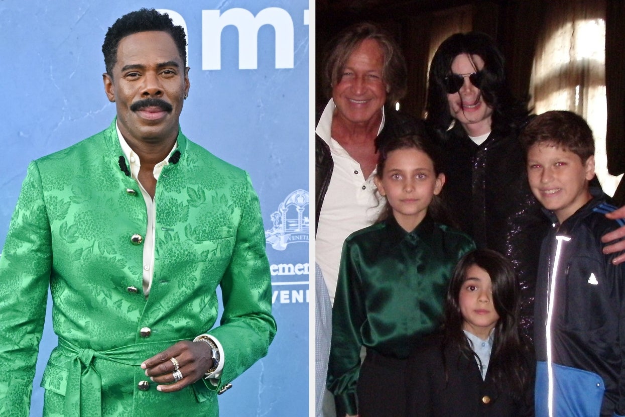 Person in green patterned suit on a blue backdrop. Group next to them includes three children, an adult in sunglasses, and another adult smiling