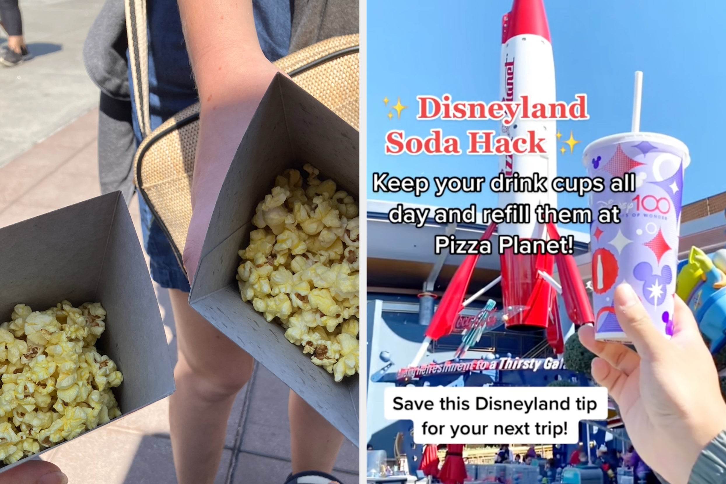 Two images: Left shows hands holding two boxes of popcorn. Right shows a hand holding a Disneyland cup near a red rocket. Text suggests drink refills at Pizza Planet