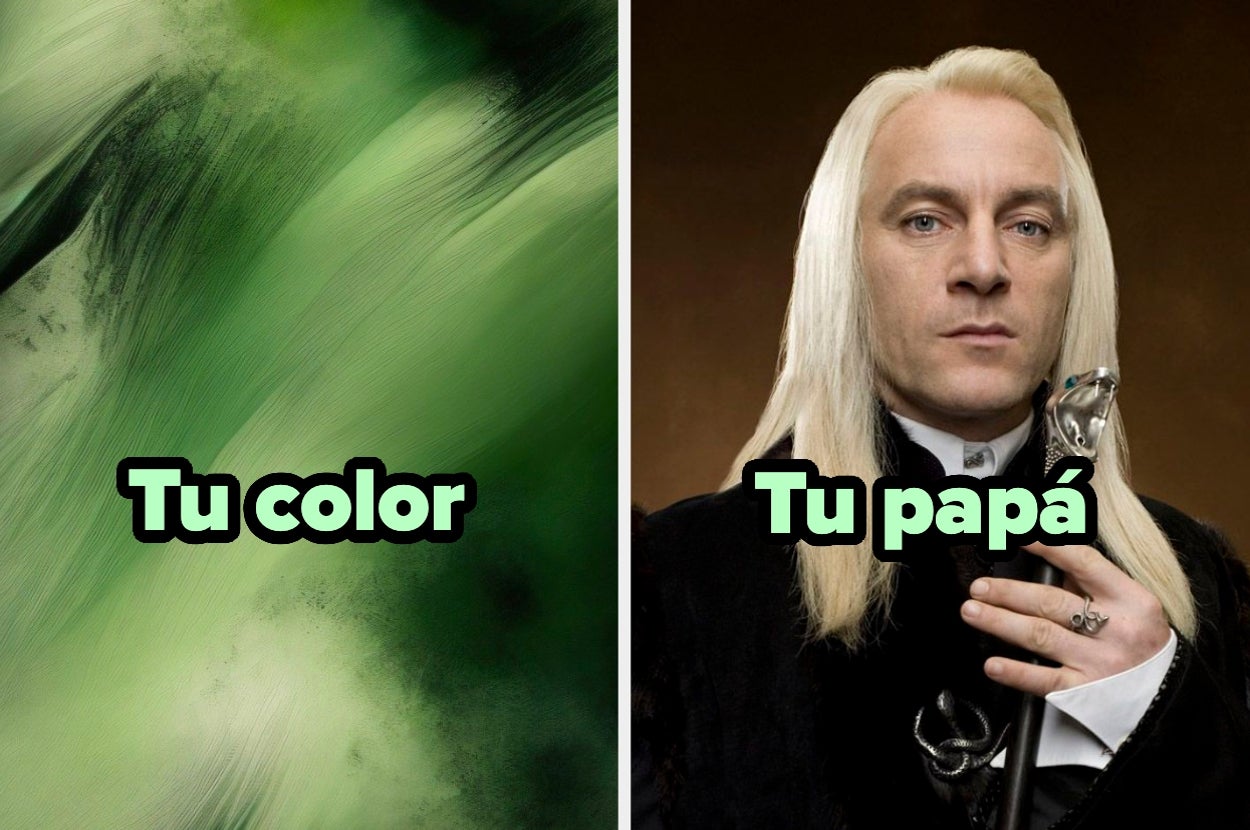Texto: "Tu color" sobre fondo verde abstracto y "Tu papá" junto a una persona con cabello largo y rubio sosteniendo un bastón