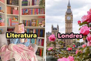 Left: Illustrated girl reading in chair. Right: Impressionist-style painting of Eiffel Tower with gardens