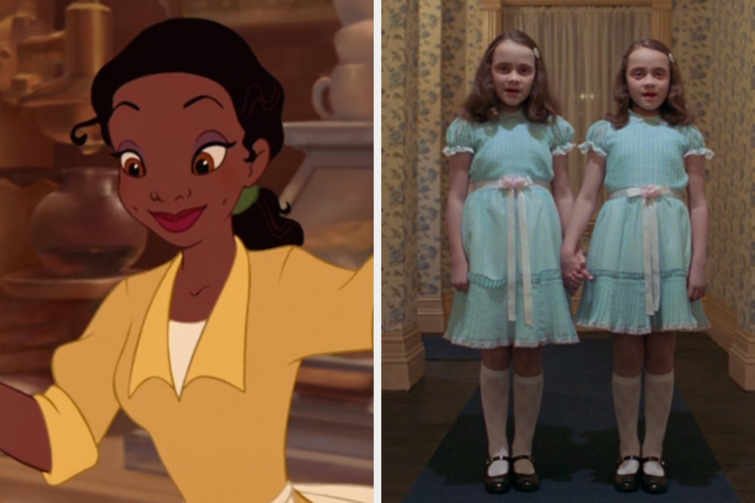 On the left, Tiana from The Princess and the Frog, and on the right, the twins from The Shining
