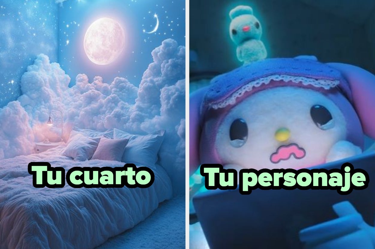 Habitación de ensueño con nubes y luna a la izquierda; personaje animado en cama con gorro a la derecha. Texto: "Tu cuarto" y "Tu personaje"