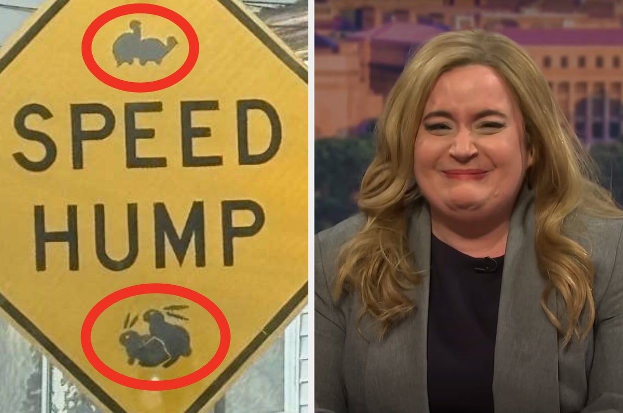 A road sign reads "Speed Hump" with humorously edited silhouettes of rabbits. Woman in suit smiles on a TV set