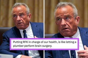 RFK Jr. in a suit gestures during a conversation; a caption compares him to a plumber performing brain surgery