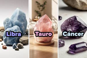 Three stones and zodiac signs: Libra with a blue stone; Tauro with a pink stone; Cáncer with a purple stone