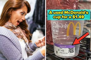 Woman in a store looking shocked beside an image of a used McDonald's cup with a $1.49 price tag at Goodwill