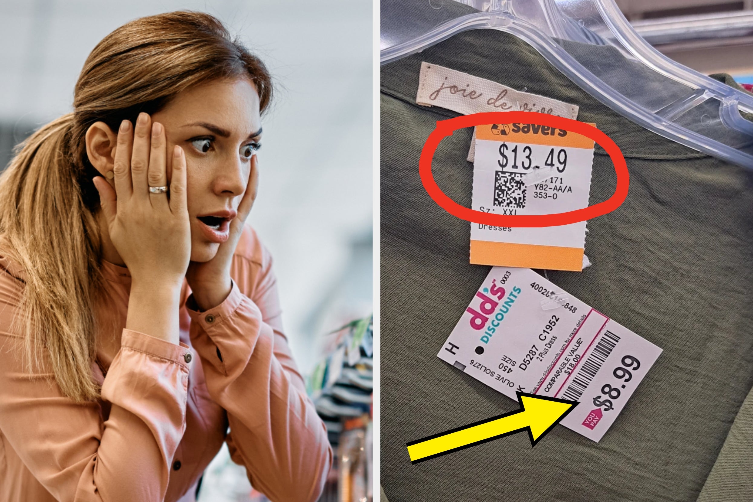 Woman looking shocked; split image with clothing tags showing a high price crossed out and a lower discount price