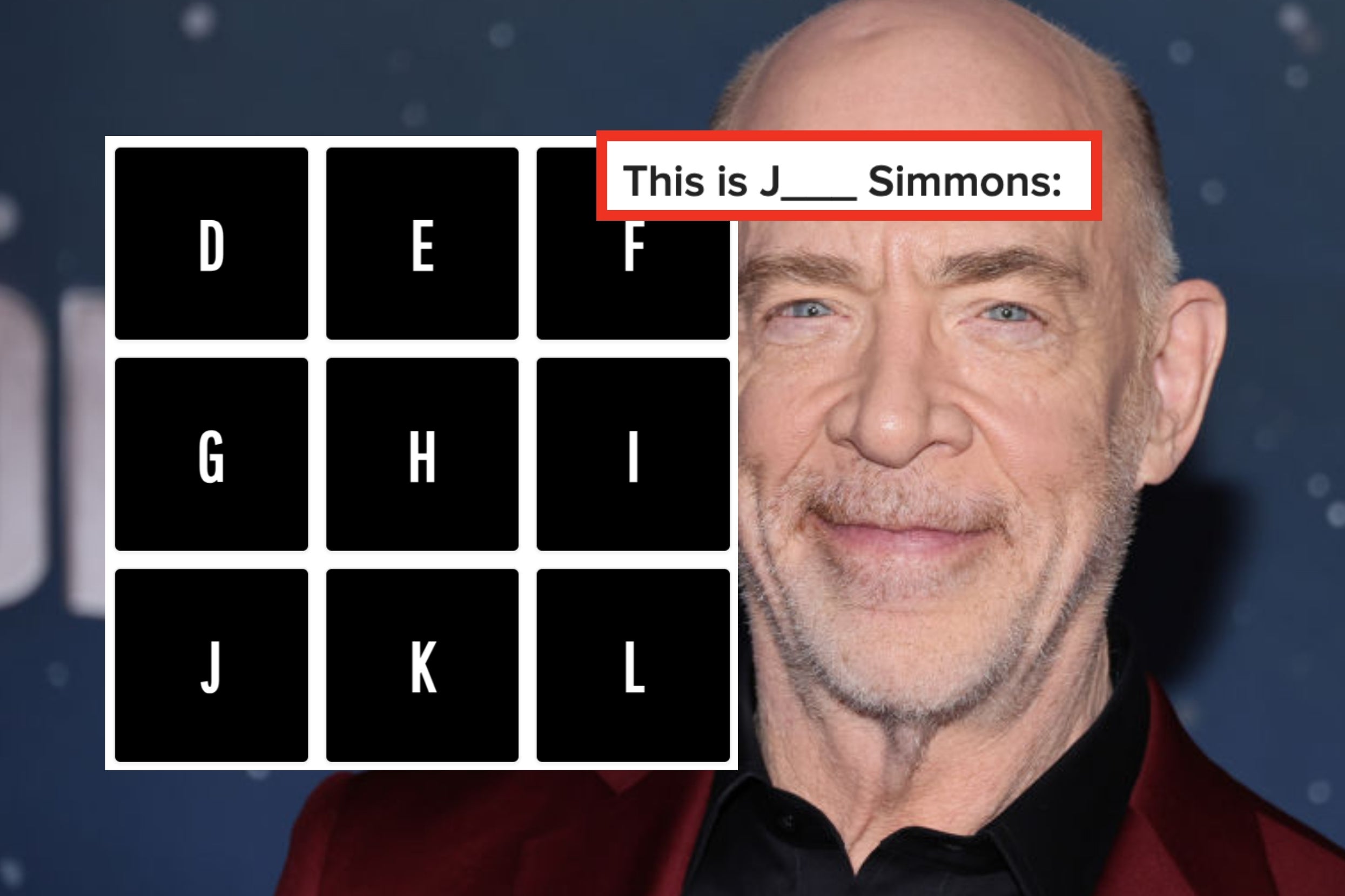 Actor in a maroon suit jacket poses with a grid of black squares labeled D to L partially obscuring the image