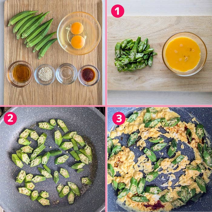 オクラとふわふわ卵の炒め物。オクラと卵を使用した簡単な炒め物の作り方をステップごとに示した4つの画像。
