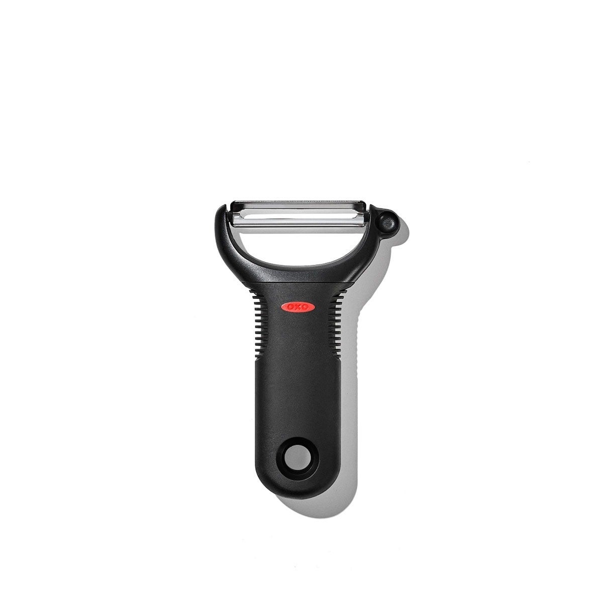 Vegetable peeler with a stainless alloy  leaf  and ergonomic achromatic  handle, suitable for assorted  peeling tasks successful  the kitchen