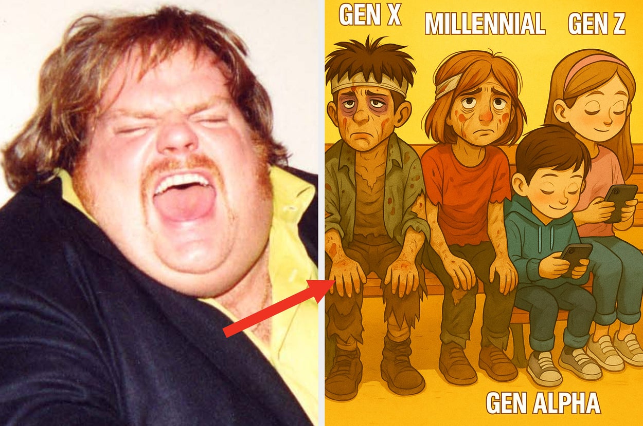 Cartoon shows generational differences in clothing and tech use. Another image is a smiling person wearing a green hoodie