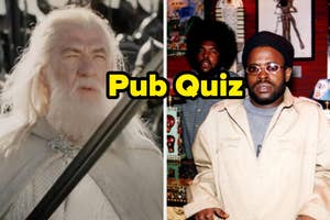 Split image: Left shows a wizard with a staff; right shows two men with '90s hip-hop style. Text reads "Pub Quiz."