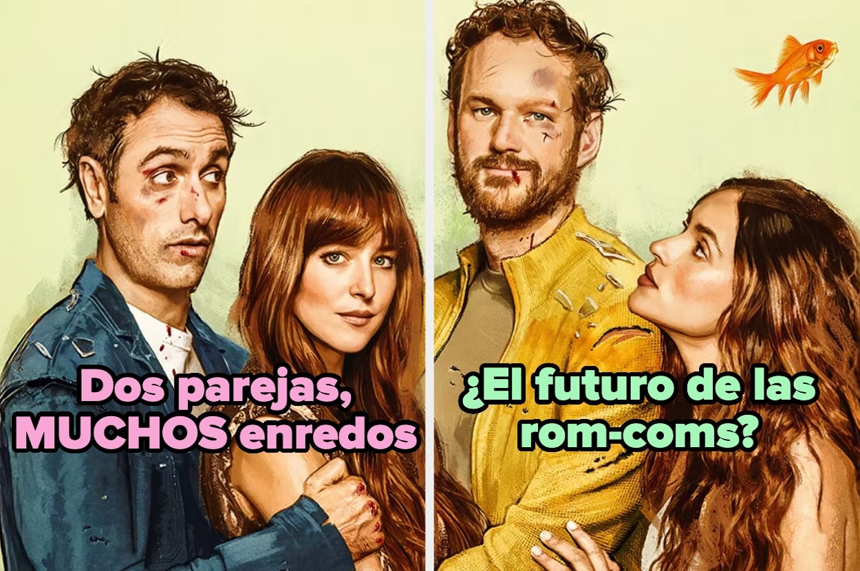 Cartel con dos parejas, ambos con miradas cómicas y ropa rota, promocionando una comedia romántica. Texto: "Dos parejas, MUCHOS enredos"