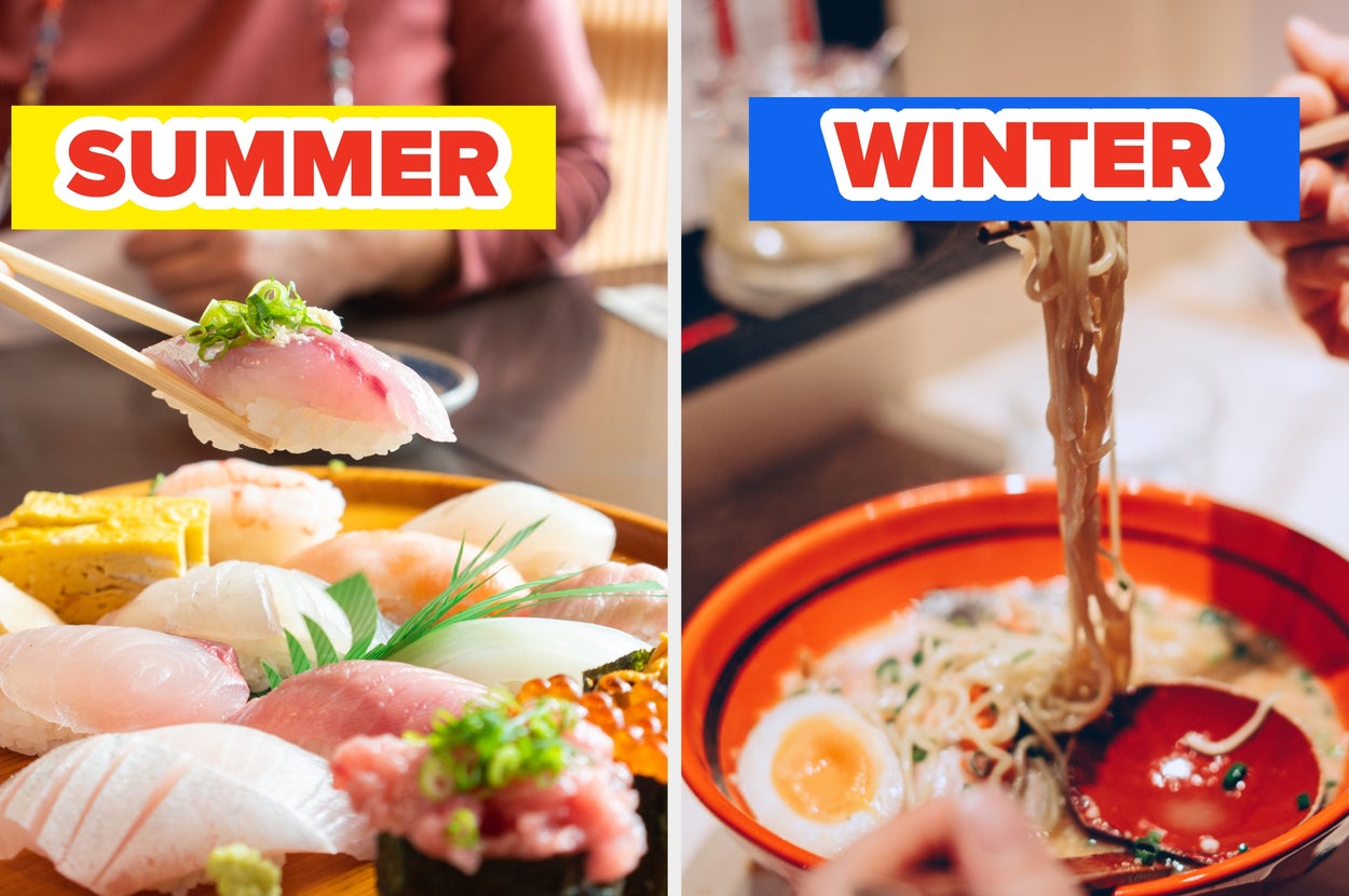 Left: Sushi platter with chopsticks, labeled "Summer". Right: Ramen bowl with chopsticks, labeled "Winter"