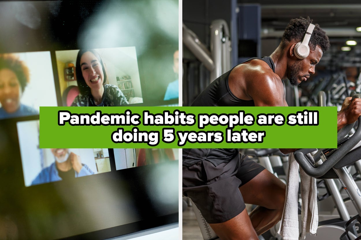 Split image: Left shows people on a video call, right shows a man exercising. Text reads, "Pandemic hobbies people are still doing 5 years later."