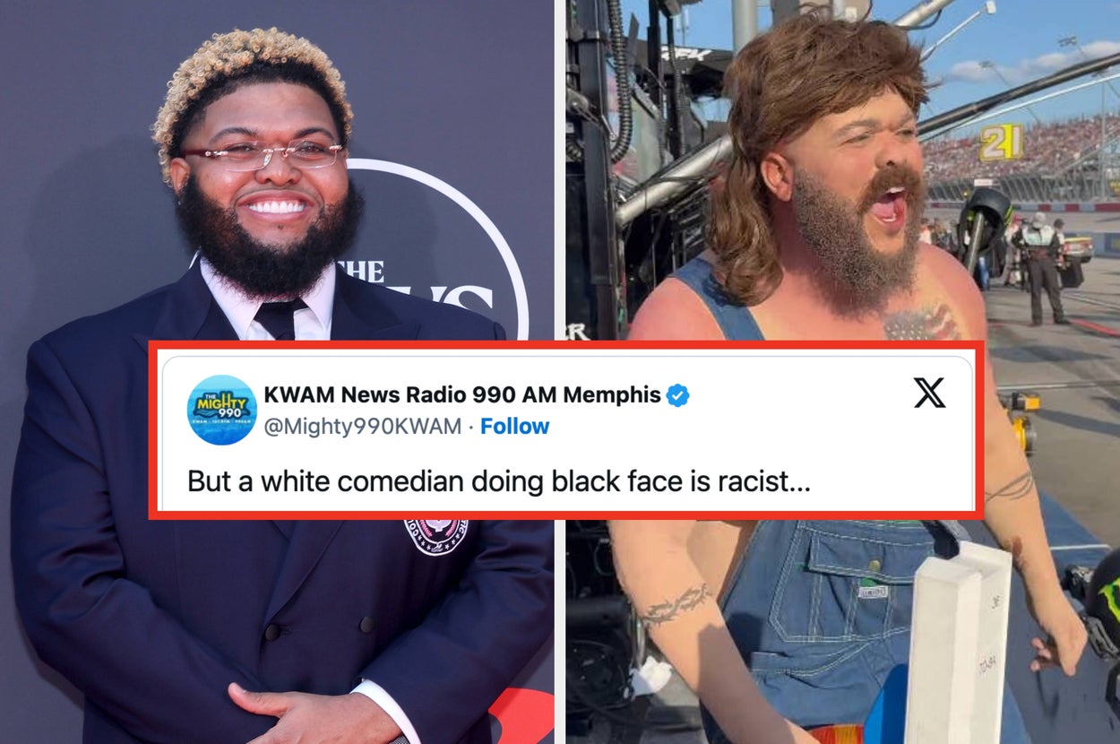Two individuals, one in formalwear, another in denim overalls with a mullet wig, alongside a controversial tweet from a radio station about race and comedy