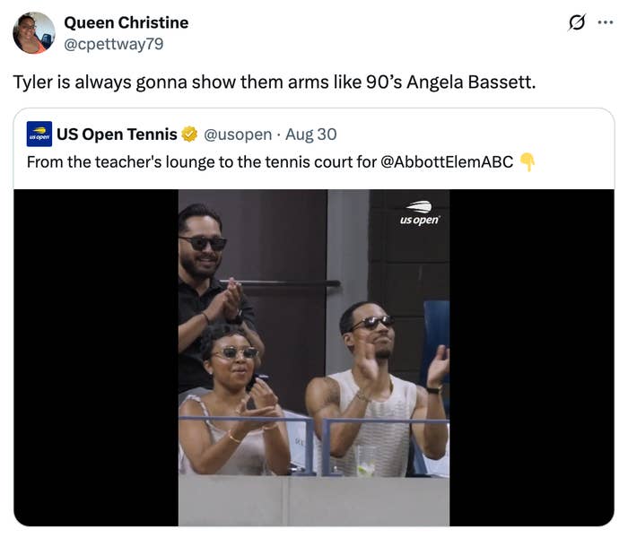 Group clapping successful a tennis stadium box, including 2 radical astatine the beforehand wearing sunglasses. Twitter substance references "Tyler" and "Angela Bassett."