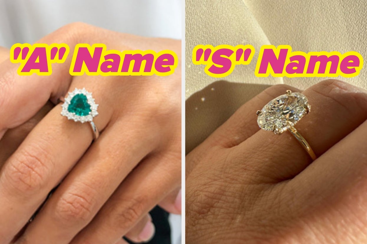 Two hands are shown, each wearing a distinct ring. One has a green stone with a halo; the other has an oval diamond on a gold band