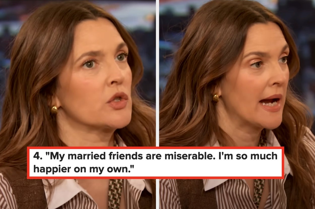 Drew Barrymore speaks on TV; caption: "My married friends are miserable; I'm so much happier on my own"