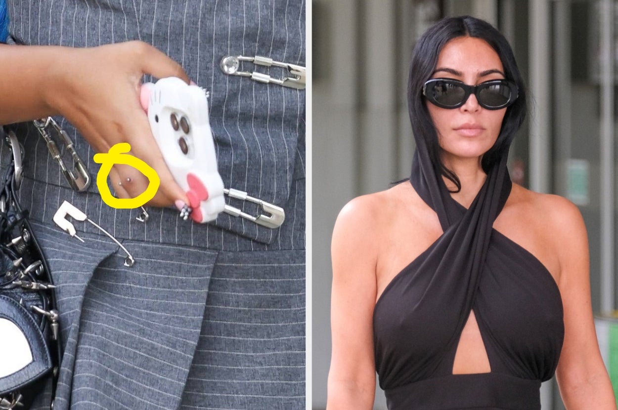 Person with black sunglasses and a stylish black wrap dress on the right. Close-up of a phone in a decorative case with safety pins on the left