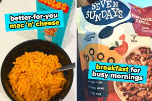 Boxed mac 'n' cheese with a bowl beside it; bag of cereal labeled as a quick breakfast option