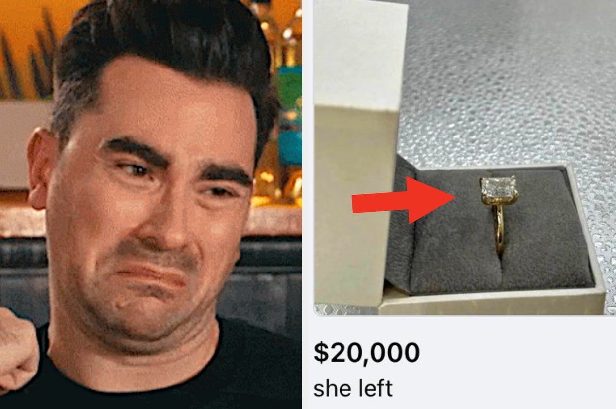 Man making a regretful expression beside an image of a $20,000 ring for sale with the caption "she left."