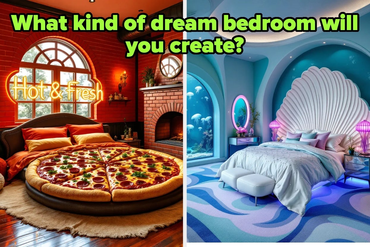 Split image: Left shows a pizza-themed bedroom with a pizza bed. Right shows an ocean-themed bedroom with a seashell bed. Text asks, "What kind of dream bedroom will you create?"