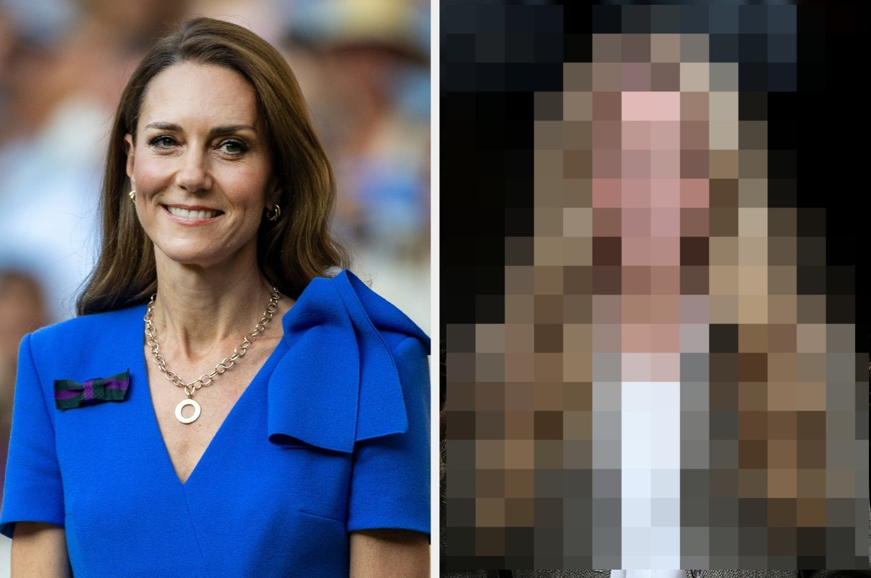 A person in a blue dress with a bow detail and necklace poses in front of a crowd. Another person's image is pixelated and not identifiable