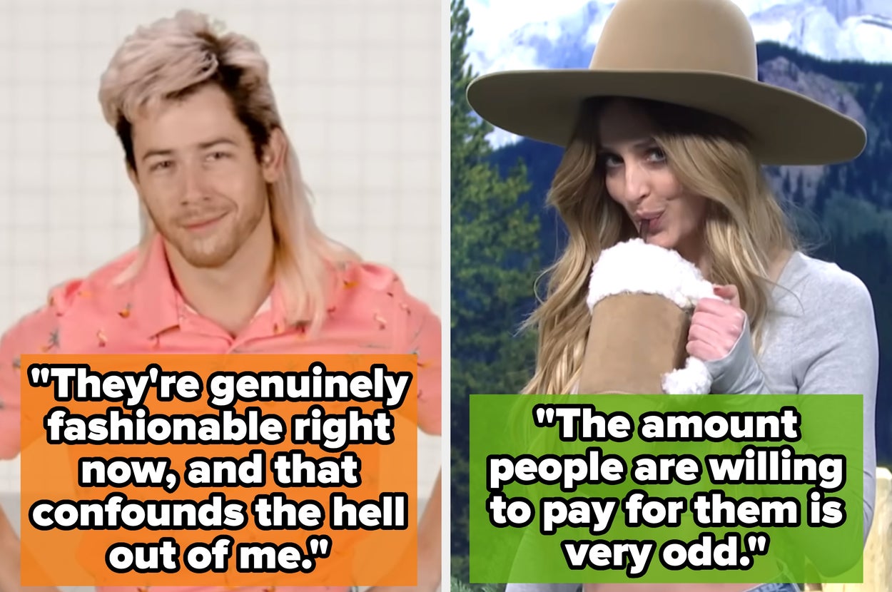 Woman in wide-brim hat on left, man with mullet hairstyle on right. Both express surprise at current fashion trends