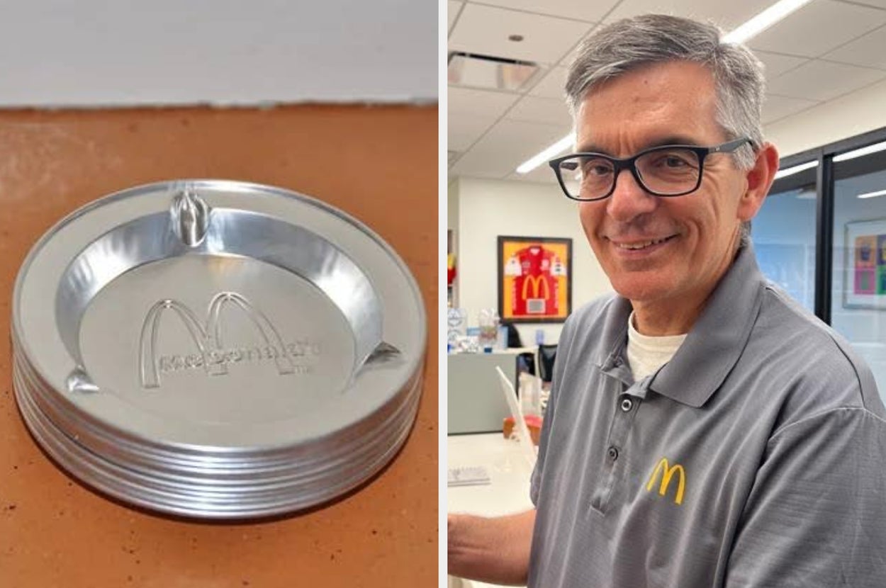Two boxes of McDonald's chicken nuggets with sauces; a person wearing a McDonald's polo shirt smiles in an office setting