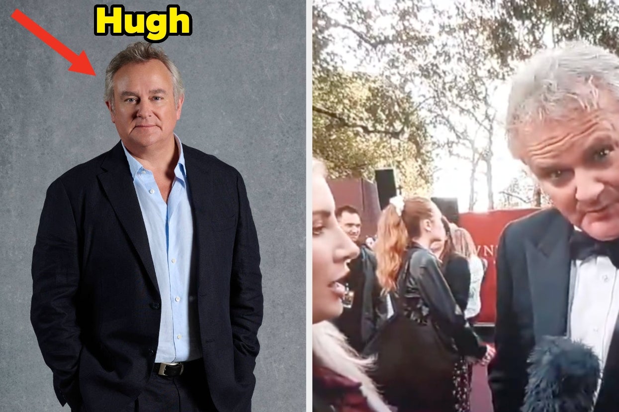 Hugh Bonneville in a suit standing for a portrait vs Hugh Bonneville talks Gaza in an interview on the red carpet