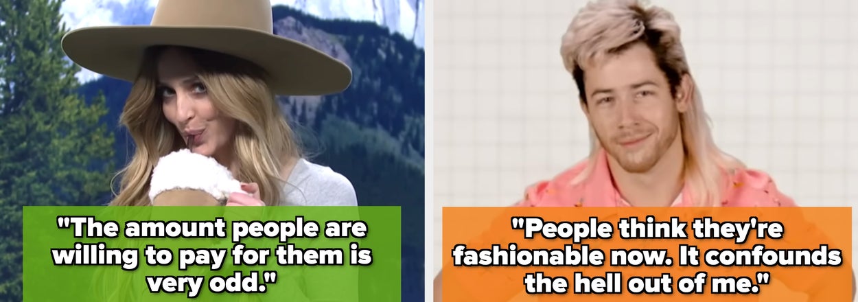Woman in wide-brim hat on left, man with mullet hairstyle on right. Both express surprise at current fashion trends