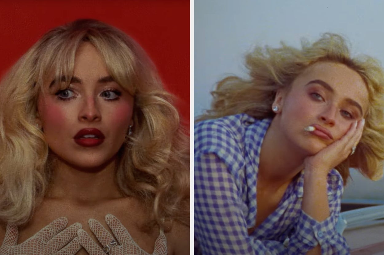 Two images: Left, person with wavy hair, mesh gloves; Right, same person in gingham shirt, resting face on hand, outdoors