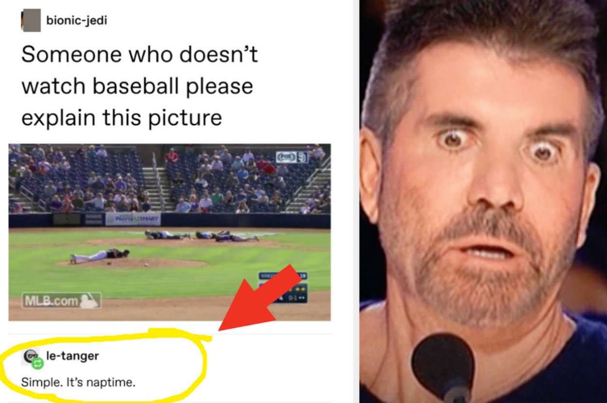 Split image: Left shows baseball players lying on field with a humorous tweet asking for explanation; right shows surprised reaction face