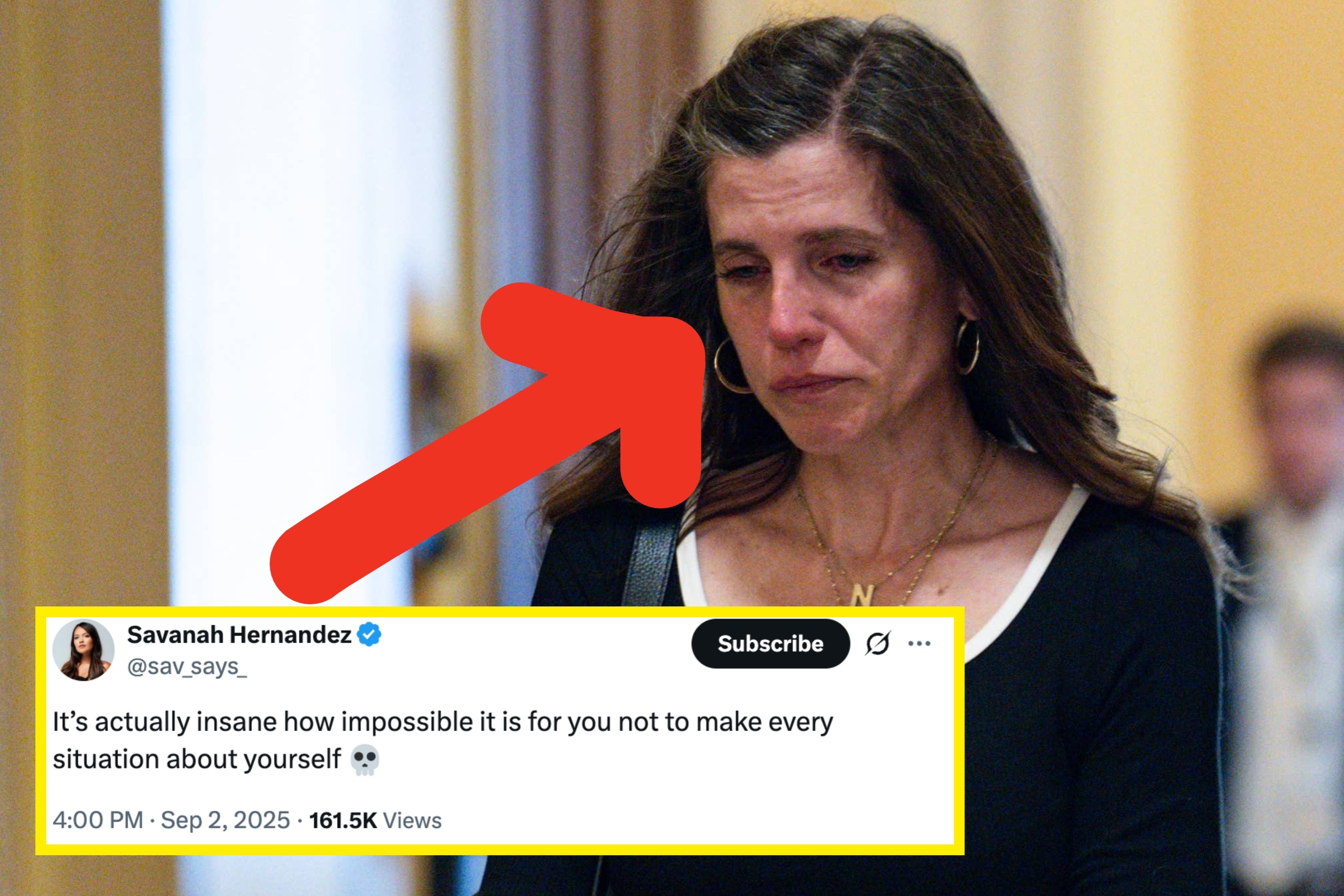 A woman looks upset while walking indoors. An arrow points to her, and a tweet about self-centeredness is overlaid at the bottom
