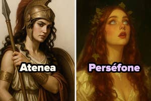 Atenea depicted with helmet and armor; Perséfone features a floral headpiece and dress, gazing upward. Art portrays Greek mythology figures