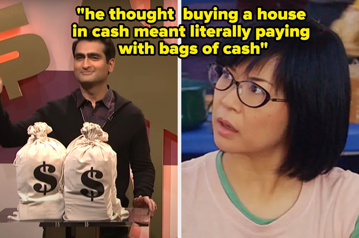 Two images: Left, a person stands by bags labeled with dollar signs. Right, a person looks surprised. Caption says buying a house in cash is taken literally