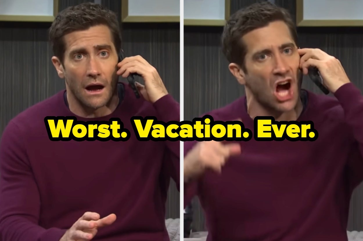 A person expresses shock and anger while talking on the phone in a split image. Overlaid text reads "Worst. Vacation. Ever"