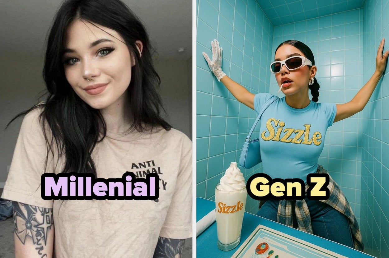 A millennial woman with tattoos poses indoors; a Gen Z woman in futuristic attire poses with a milkshake in a retro-tiled setting