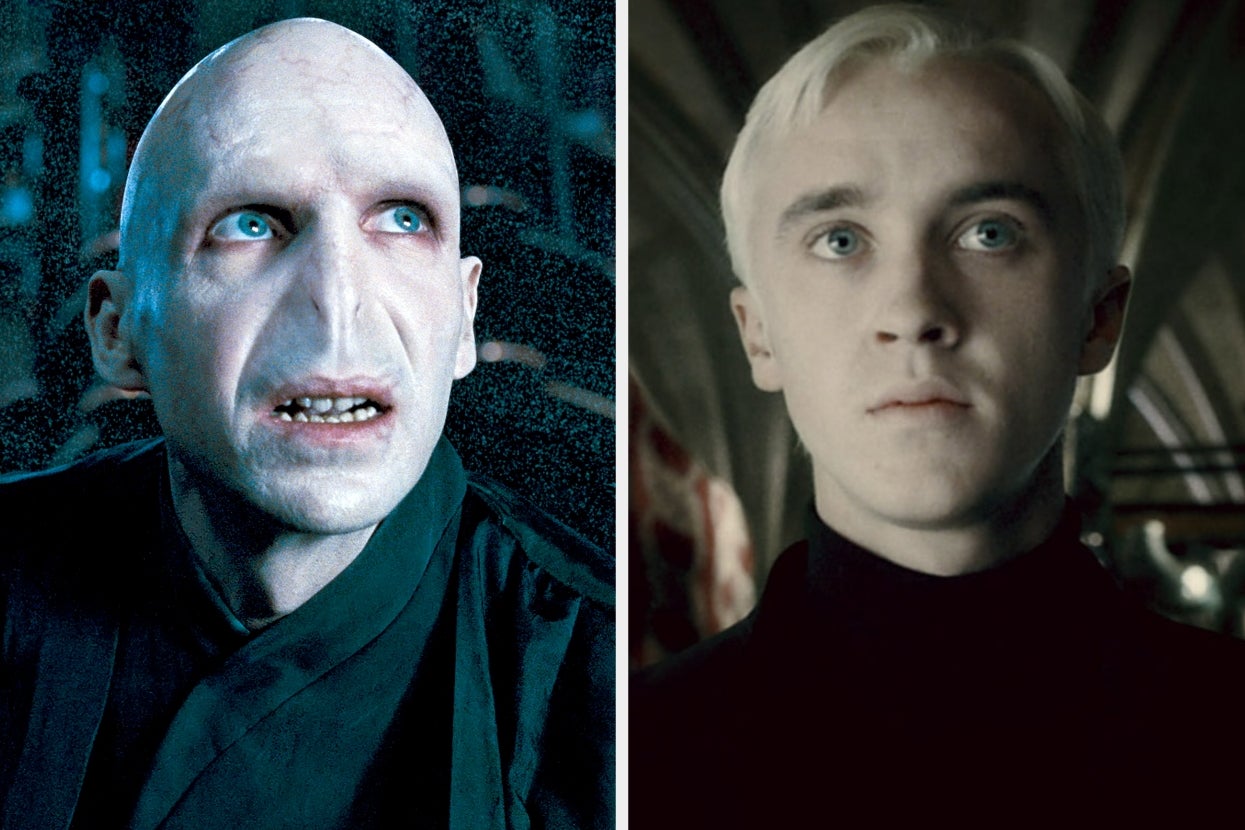 Split image of Lord Voldemort and Draco Malfoy.