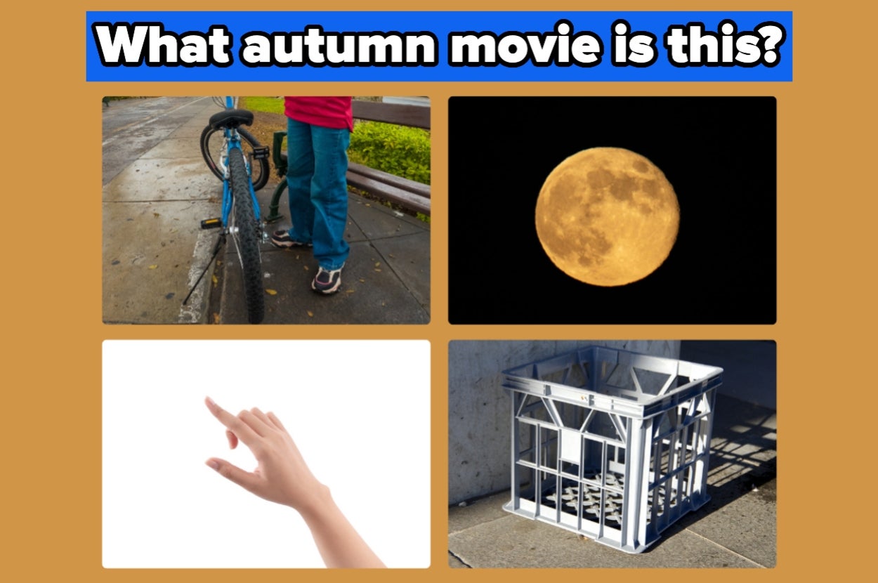 Collage with a bike, full moon, pointing hand, and crate. Text asks, "What autumn movie is this?"