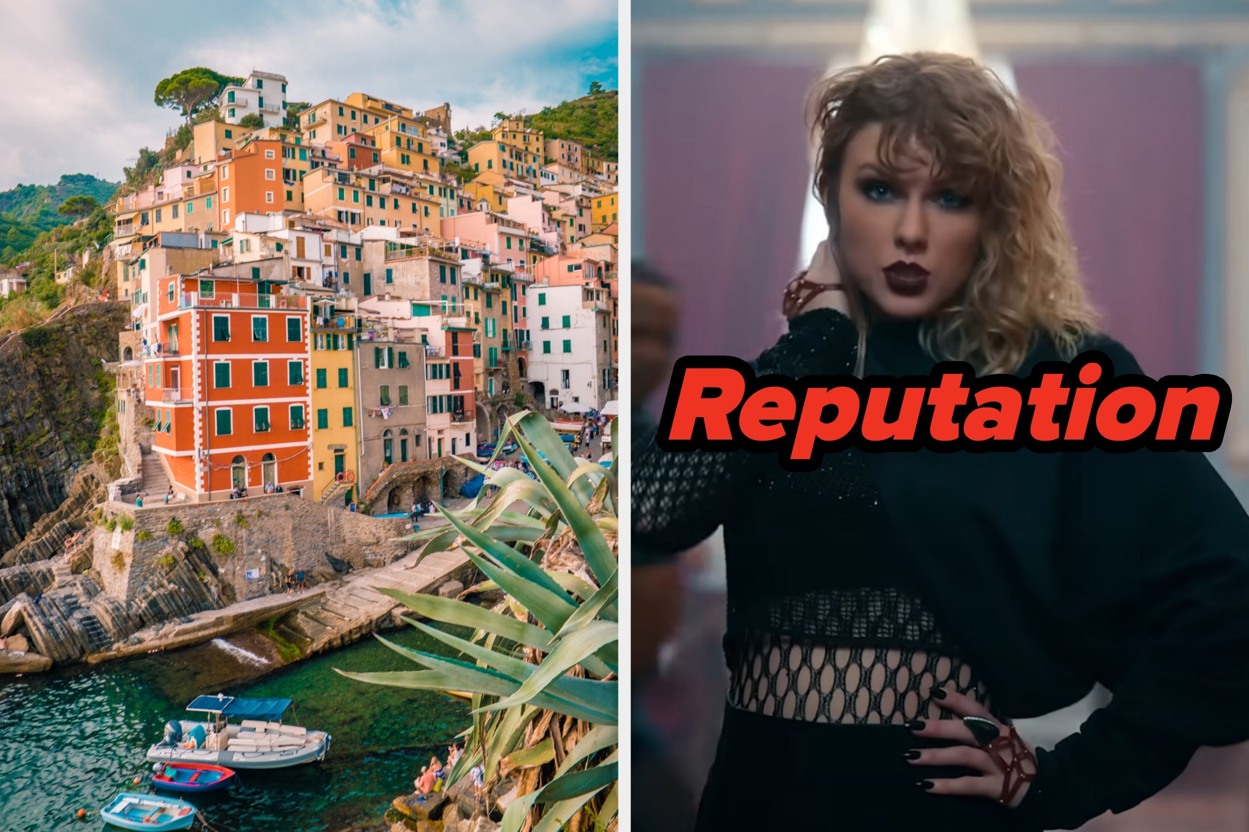 On the left, cliffside buildings in Italy, and on the right, Taylor Swift in an edgy outfit in the Look What You Made Me Do music video labeled Reputation