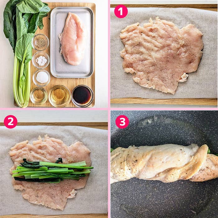 鶏むね肉を使った調理手順が3ステップで示されています。1. 肉の準備、2. 青菜を巻く、3. フライパンで調理します。