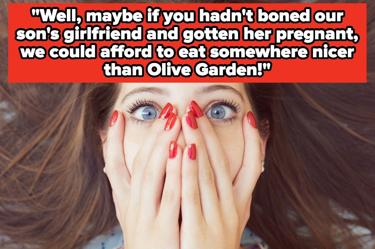 Woman with hands over mouth, wide-eyed, with text above jokingly blaming a partner's actions for dining at Olive Garden
