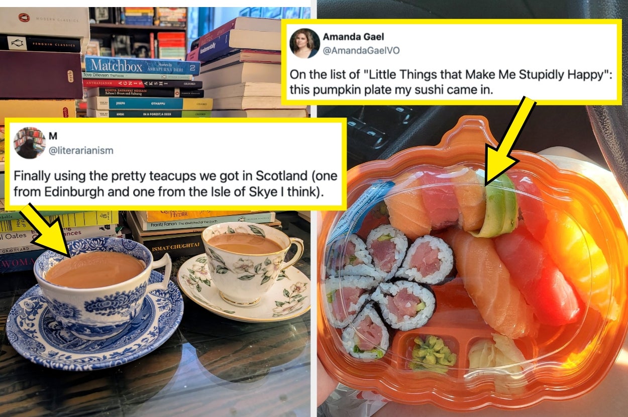 Two tweets: One about a teacup from Scotland, and another about a pumpkin plate for sushi