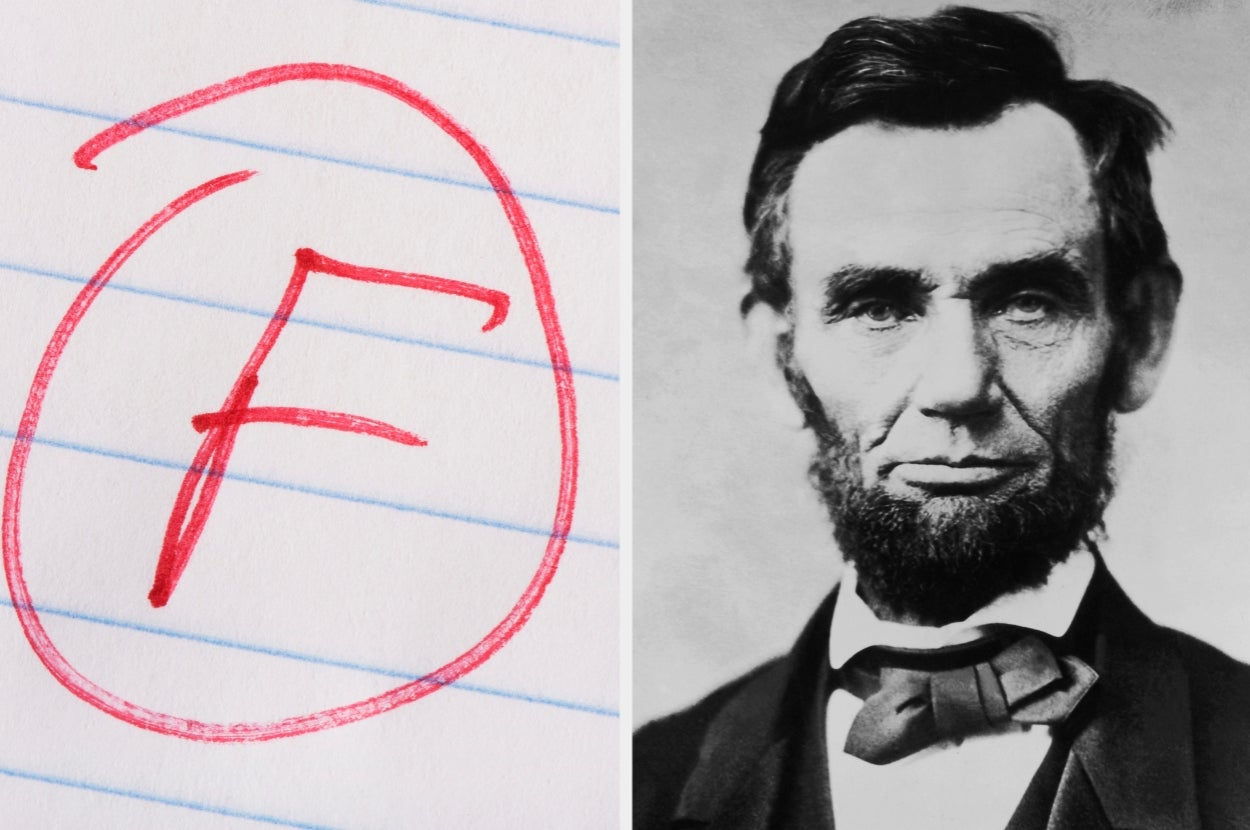 A handwritten "F" on lined paper next to a historical black-and-white portrait of Abraham Lincoln