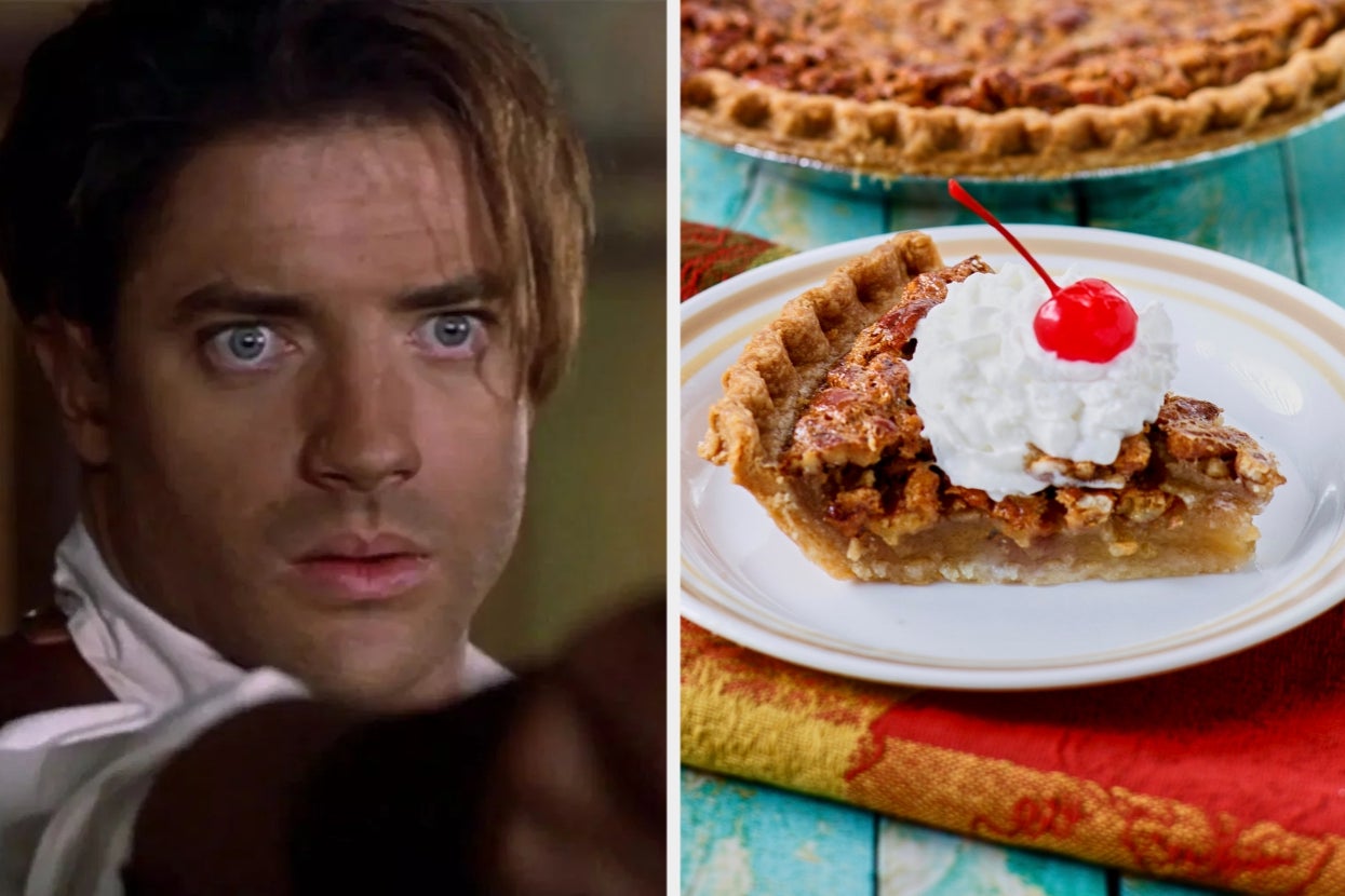 Split image: On the left, a focused person points a weapon; on the right, a pecan pie slice topped with whipped cream and a cherry