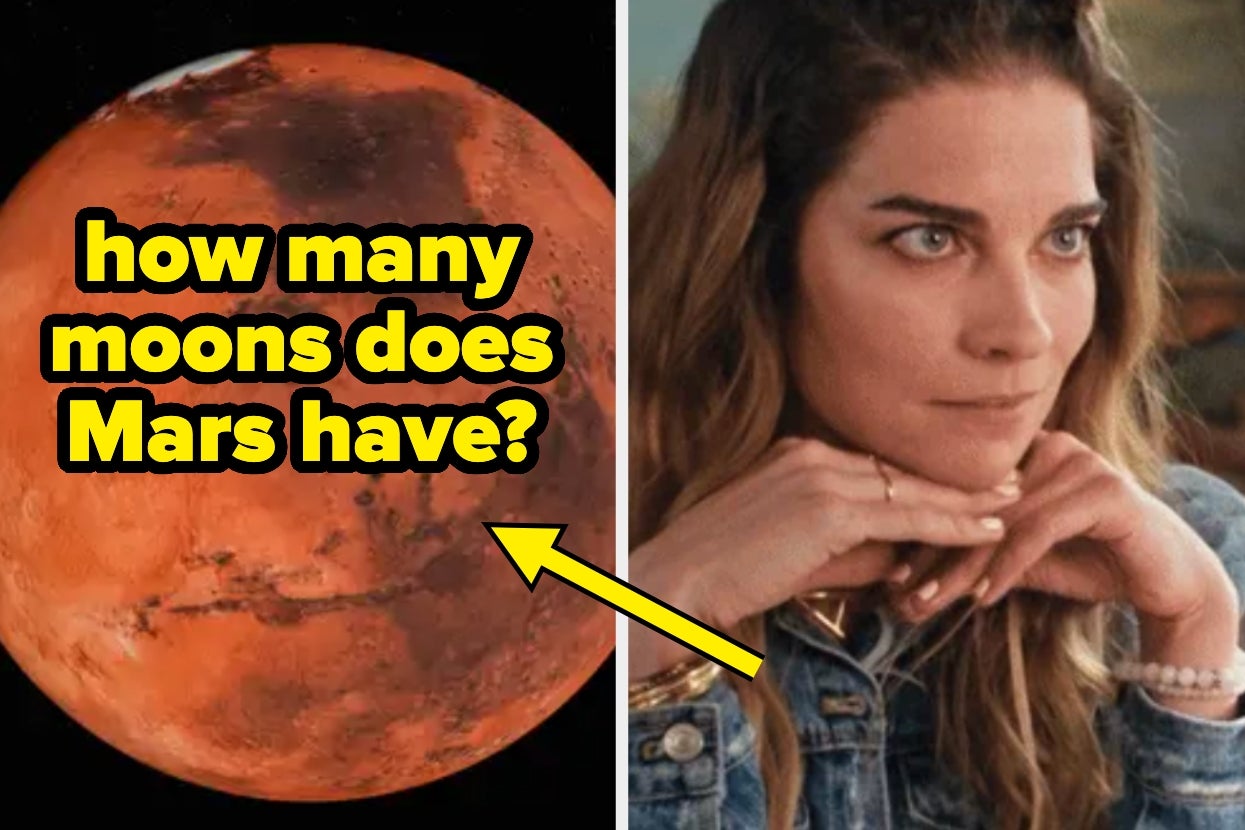 Split image: Left, Mars with "how many moons does Mars have?" text; right, person with hands under chin, pondering