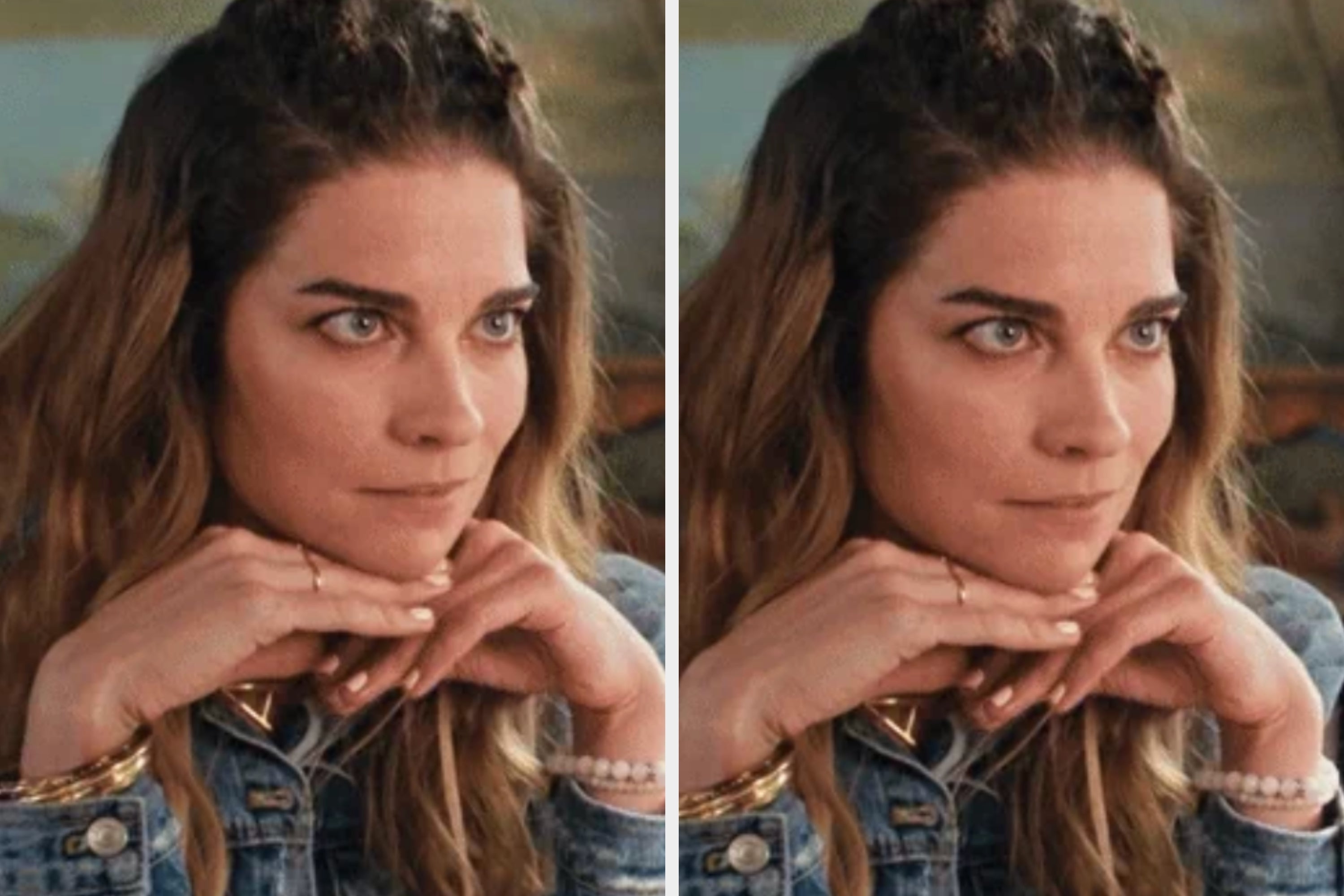 Person in a denim jacket resting chin on hands, seated in a café. Appears contemplative, with subtle expression and surroundings suggesting a casual setting